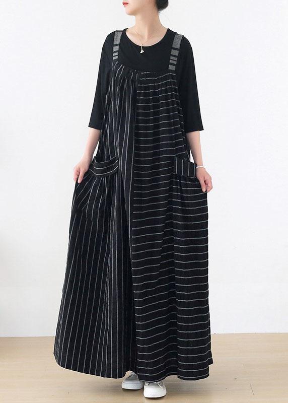 Classy Black Striped Pockets Carpenter Fall Linen Dress - Omychic