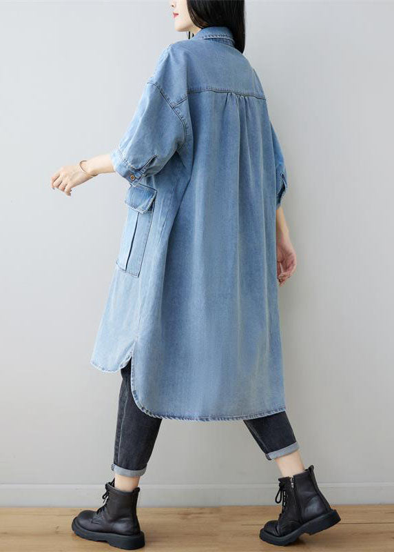 Classy Denim Blue Oversized Pockets Cotton Long Shirts Bracelet Sleeve