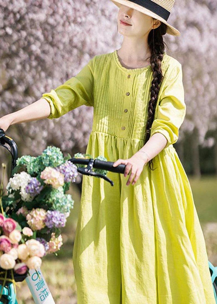 Classy Grass Green Cinched Button Summer Linen Dress - Omychic