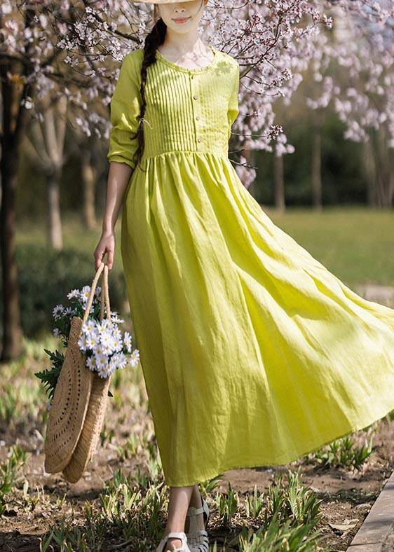 Classy Grass Green Cinched Button Summer Linen Dress - Omychic