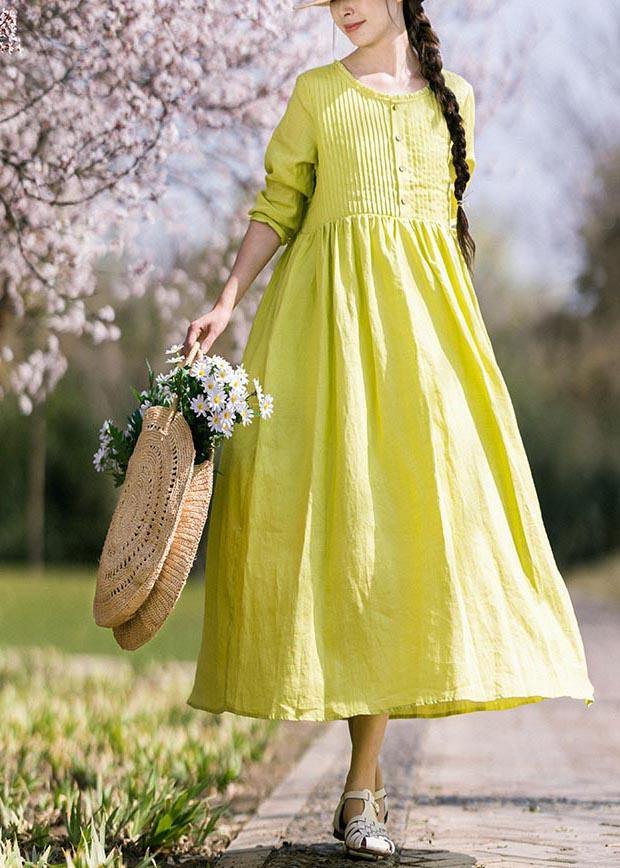 Classy Grass Green Cinched Button Summer Linen Dress - Omychic