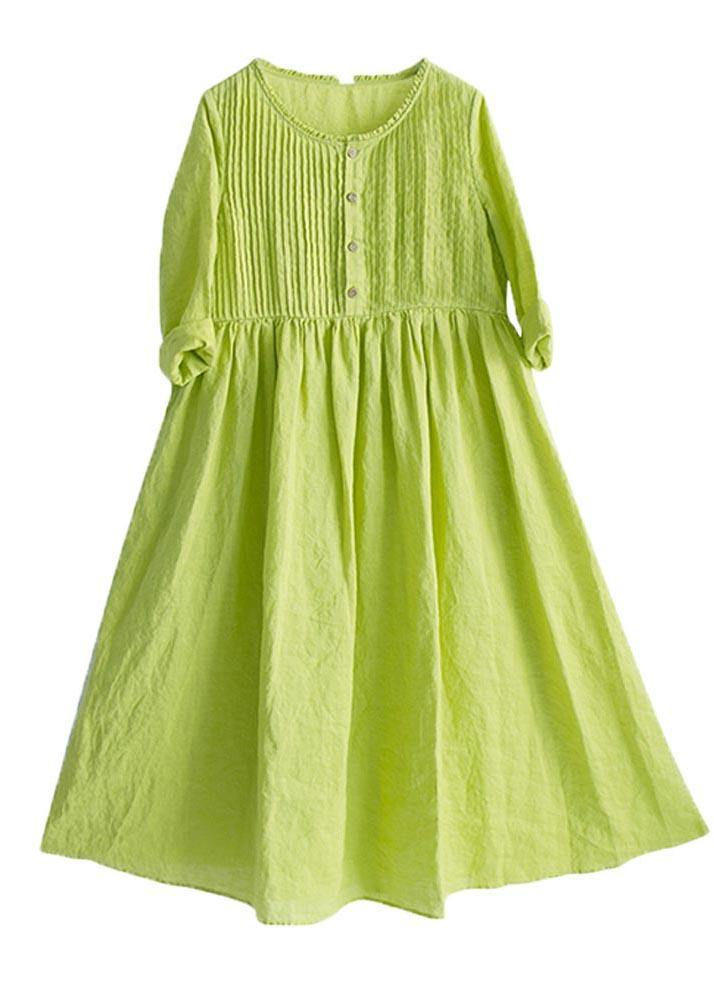 Classy Grass Green Cinched Button Summer Linen Dress - Omychic