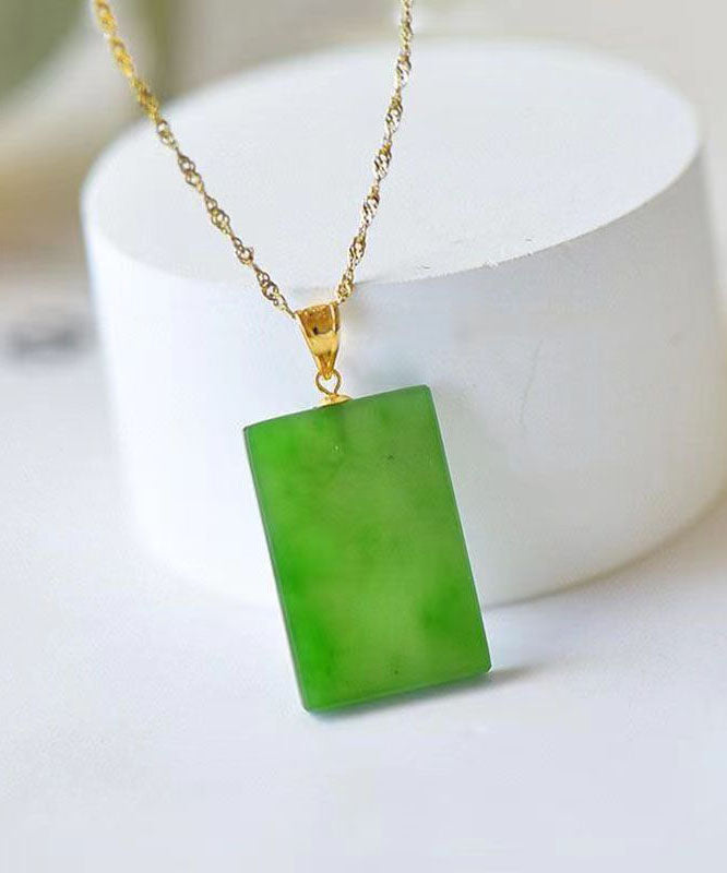 Classy Green Sterling Silver Jade Rectangle Pendant Necklace