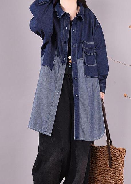 Classy Lapel Patchwork Crane Tops Sleeve Denim Dark Blue Blouses - Omychic