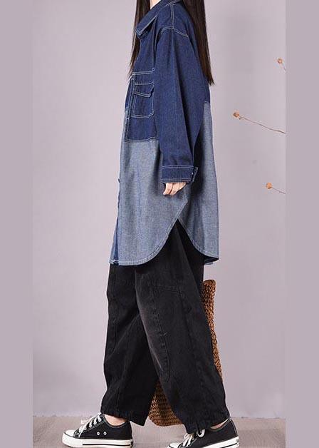 Classy Lapel Patchwork Crane Tops Sleeve Denim Dark Blue Blouses - Omychic