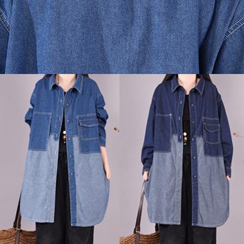 Classy Lapel Patchwork Crane Tops Sleeve Denim Dark Blue Blouses - Omychic