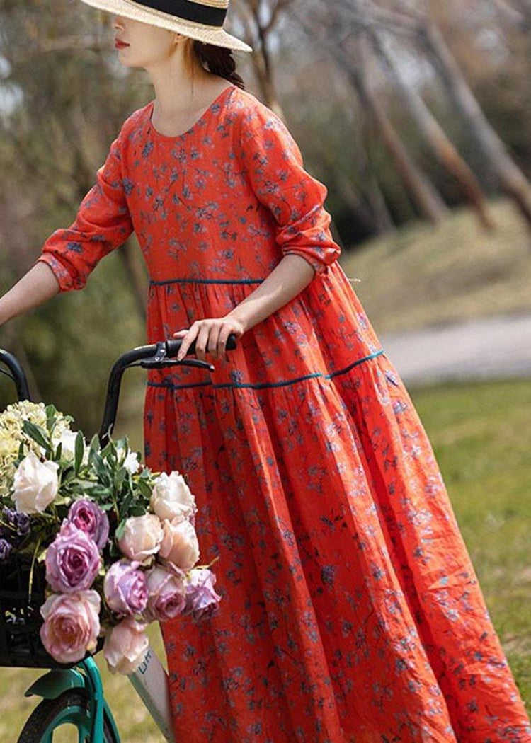 Classy Orange Print Linen O-Neck Long sleeve Summer Dress - Omychic