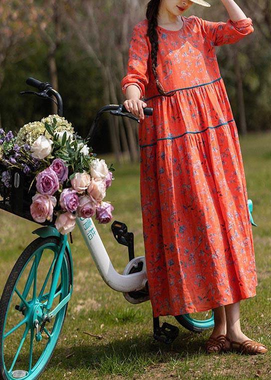 Classy Orange Print Linen O-Neck Long sleeve Summer Dress - Omychic