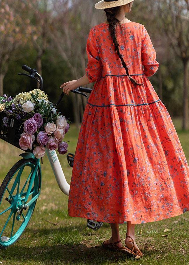 Classy Orange Print Linen O-Neck Long sleeve Summer Dress - Omychic