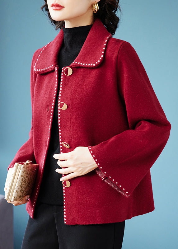 Classy Red Peter Pan Collar Pockets Patchwork Woolen Coat Fall