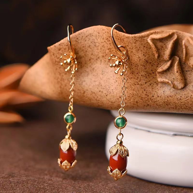 Classy Red Sterling Silver Overgild Agate Tassel Drop Earrings