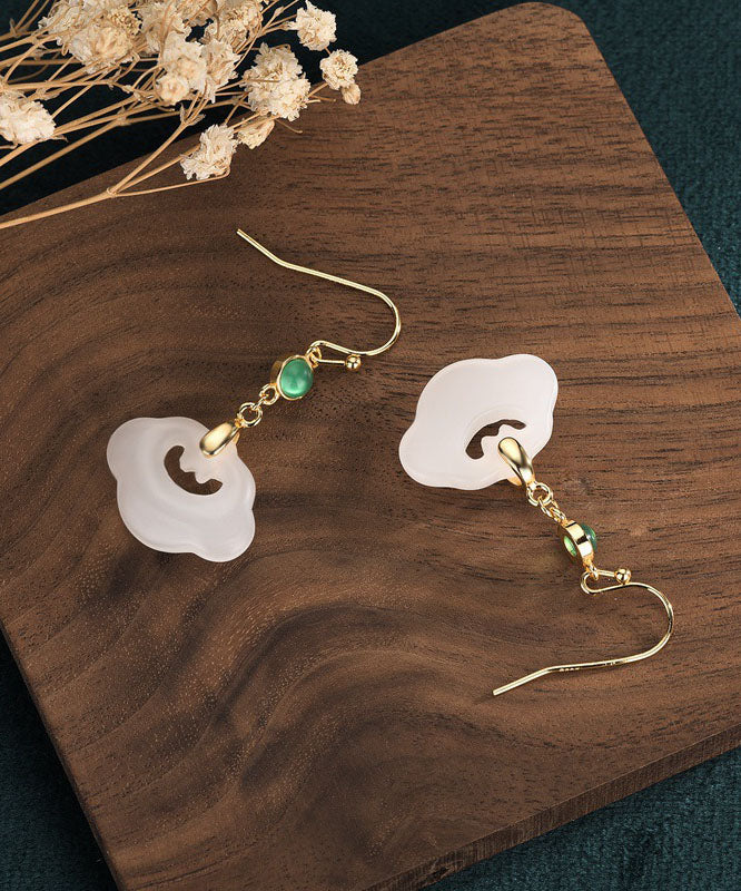 Classy White Ancient Gold Inlaid Gem Stone Jade Drop Earrings