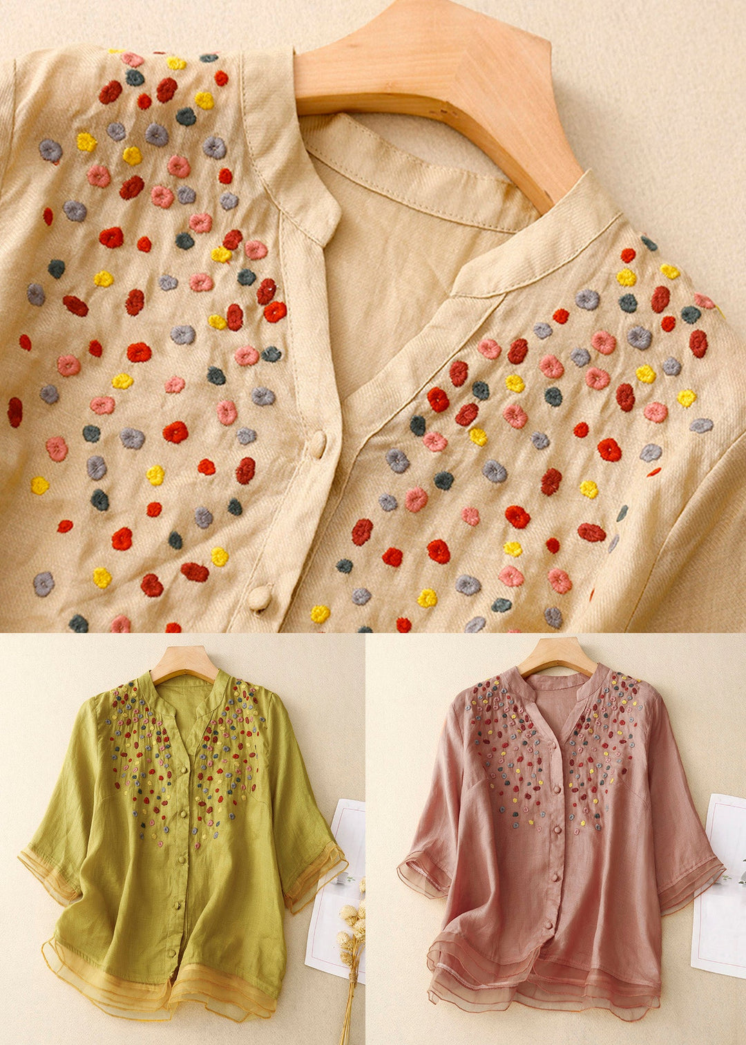 Classy Yellow Embroideried Button Cotton Blouses Spring