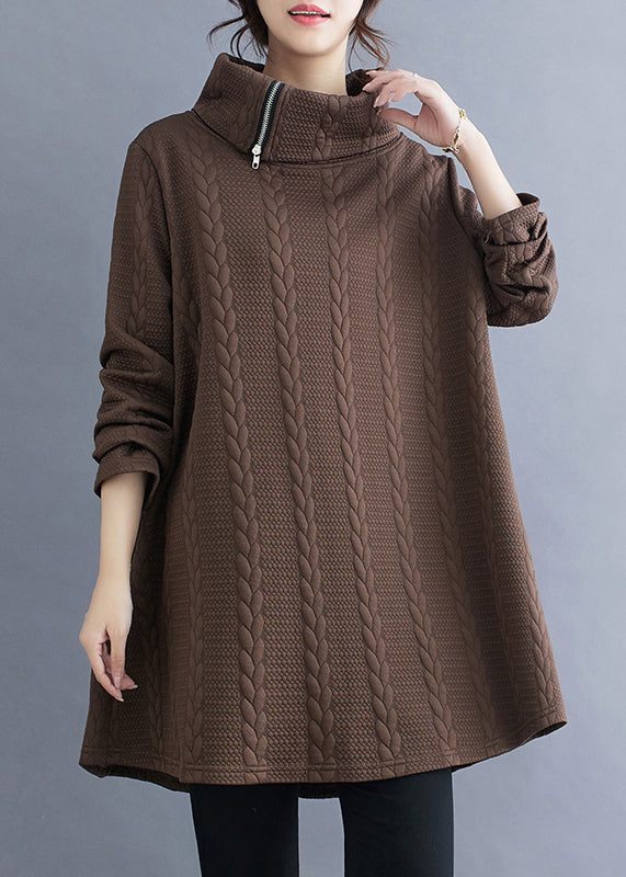 Coffee Asymmetrical Zip Up Cotton Top Turtleneck Winter