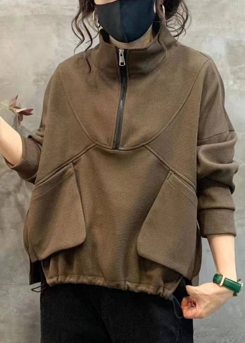 Coffee Drawstring Patchwork Warm Fleece Top Stand Collar Long Sleeve