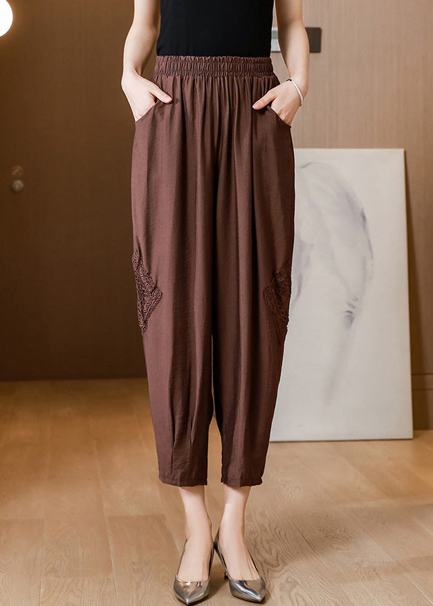 Coffee Elastic Waist Linen Lantern Pants Spring