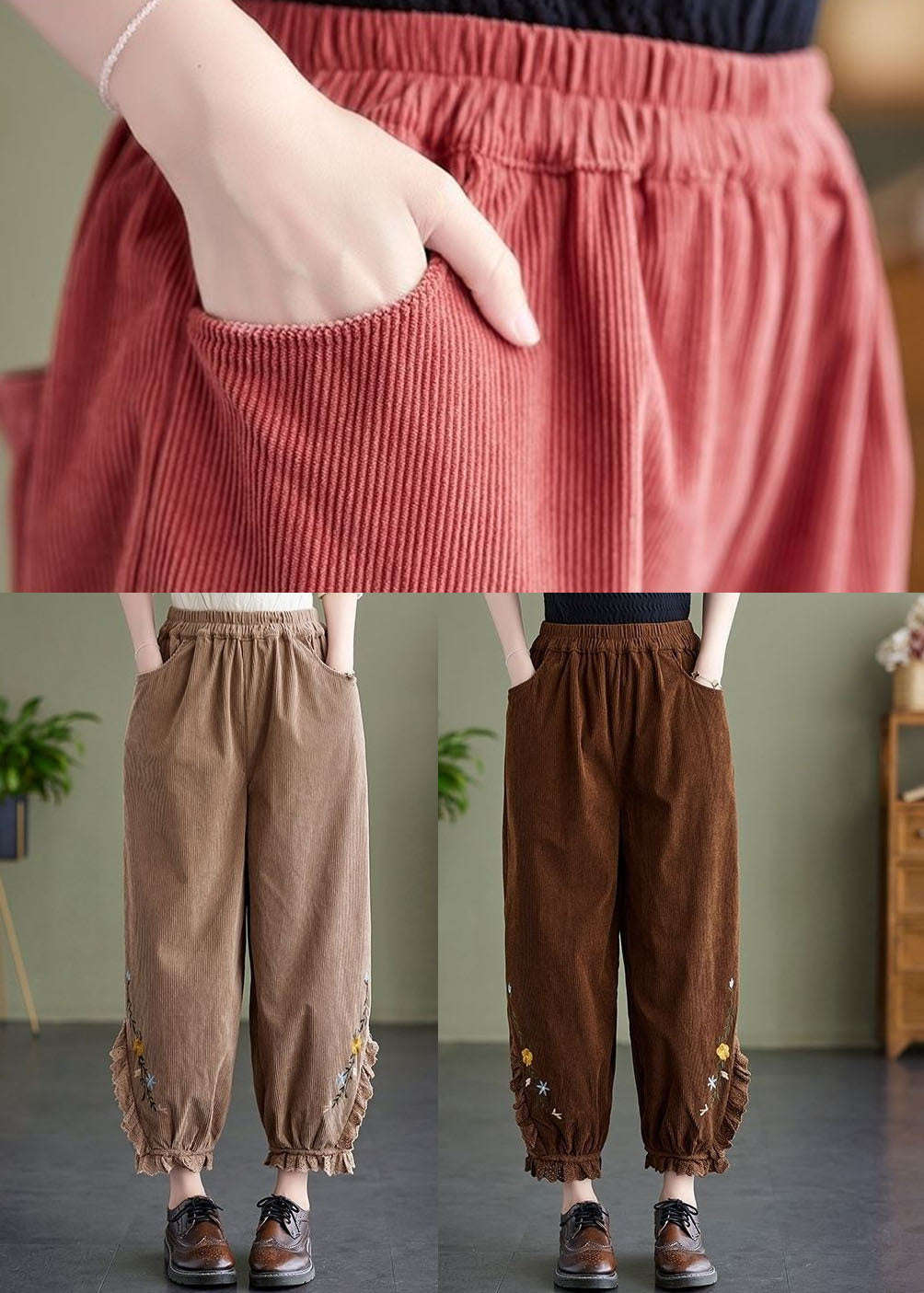 ZIMO - Elastic Waist Plain Lace Trim Cropped Harem Pants | YesStyle