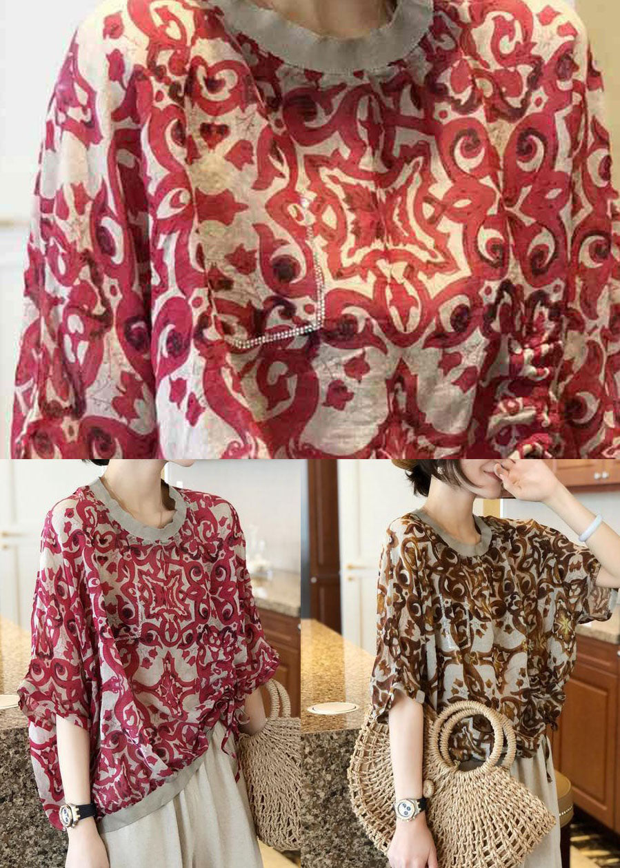 Coffee Print Patchwork Cotton Top O Neck Zircon Wrinkled Summer