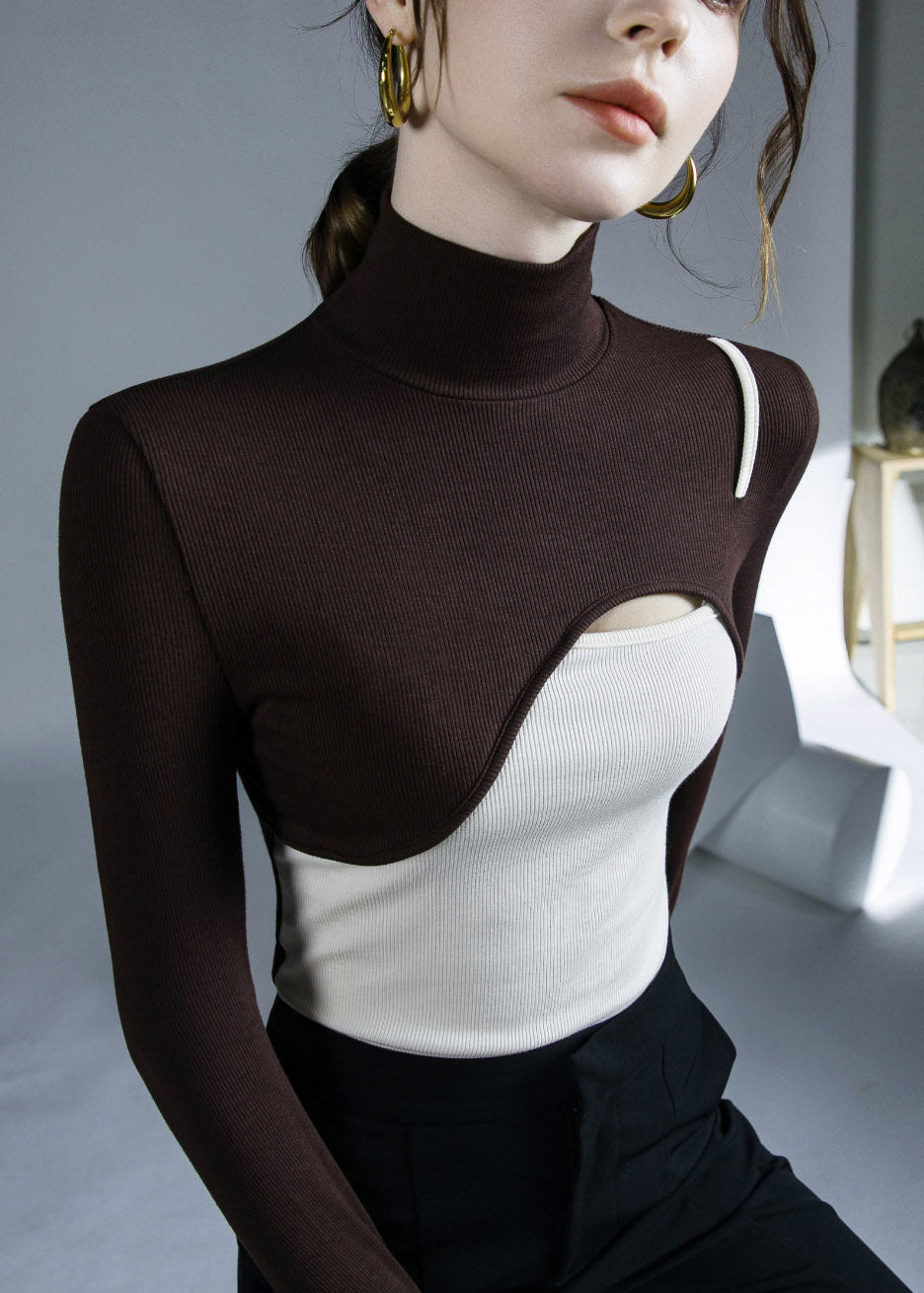 Coffee Turtleneck Asymmetrical Top Long Sleeve