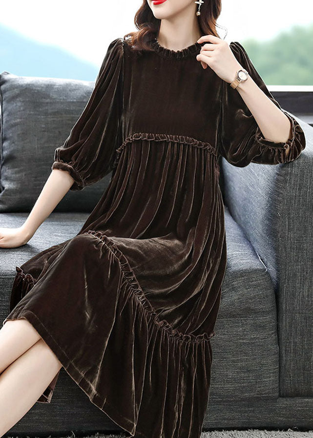 Coffee Velour Vacation Dresses Ruffled Half Sleeve