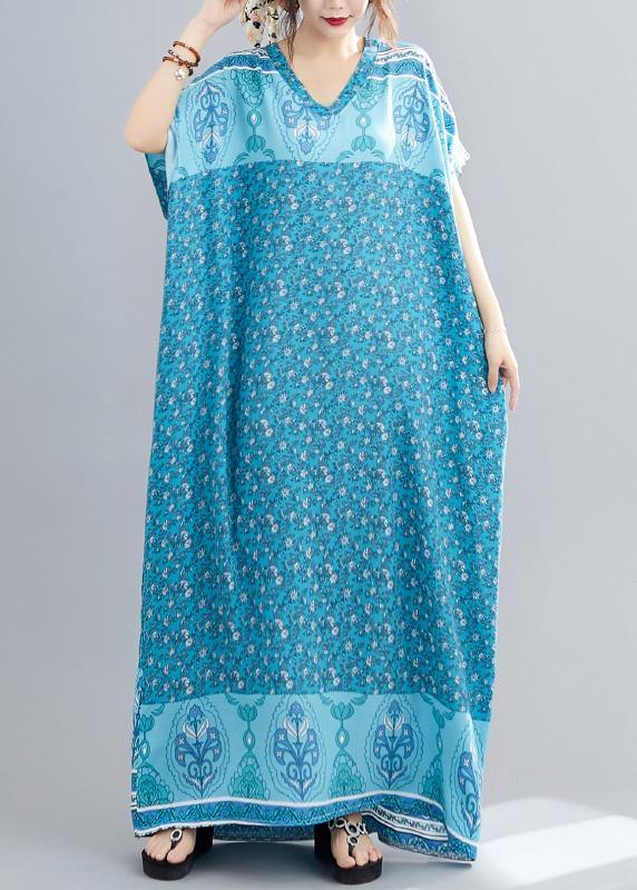 Comfy Blue Print Cotton V Neck Summer Maxi Dresses - Omychic