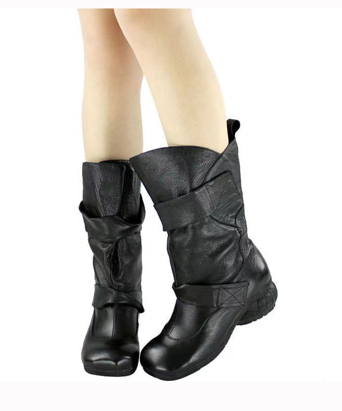 Comfy Cowhide Leather Boots Black Splicing Buckle Strap