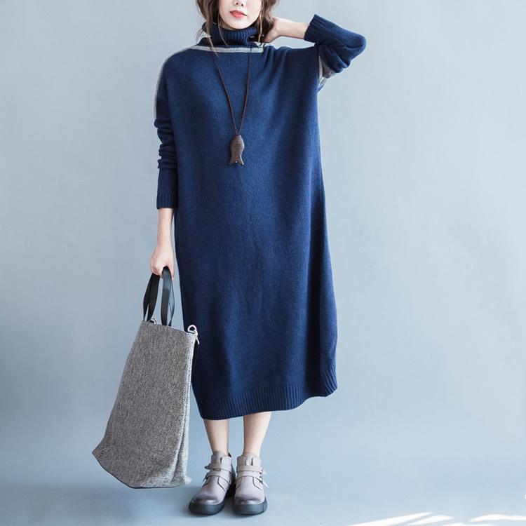 Comfy Dark Blue Sweater Weather Plus Size Fuzzy High Neck Knit Dresses ...