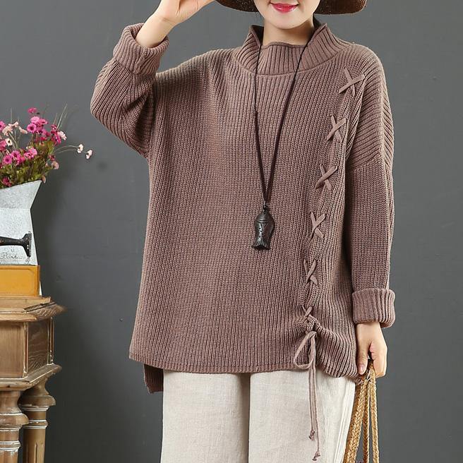 Comfy khaki sweater tops drawstring fall fashion winter knit tops - Omychic