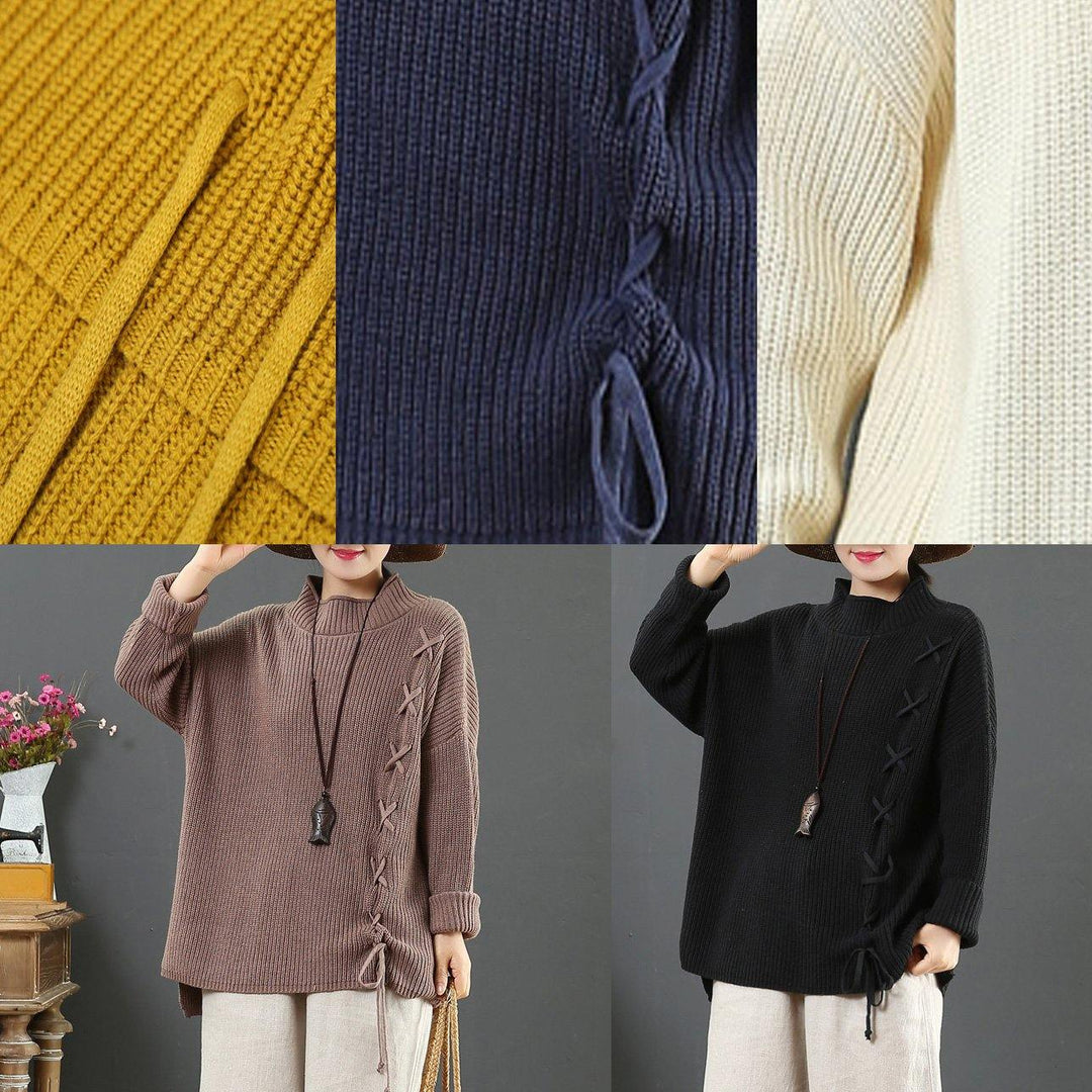 Comfy khaki sweater tops drawstring fall fashion winter knit tops - Omychic