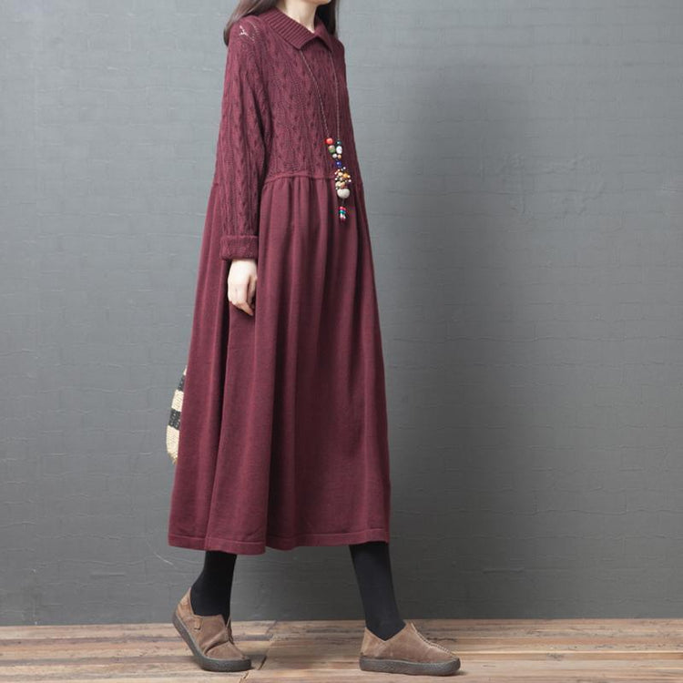 Cozy lapel wrinkled Sweater dress outfit Beautiful burgundy Hipster sweater dresses - Omychic