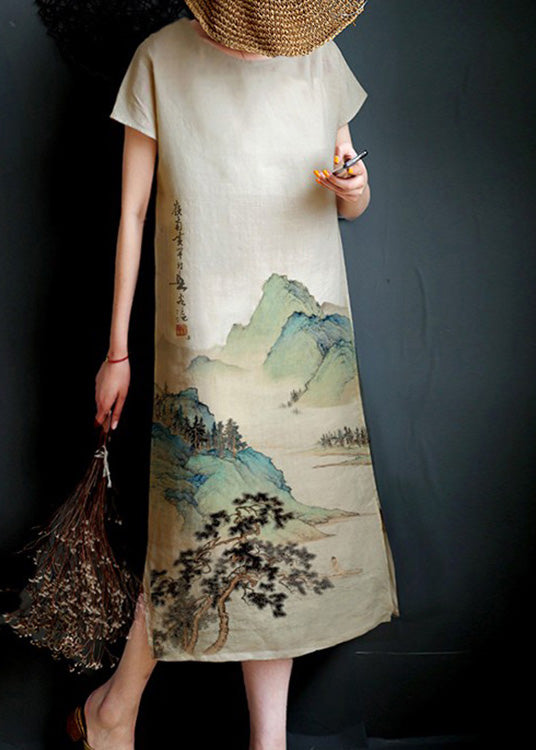 Cute Beige O-Neck Print Side Open Long Dress Linen Summer