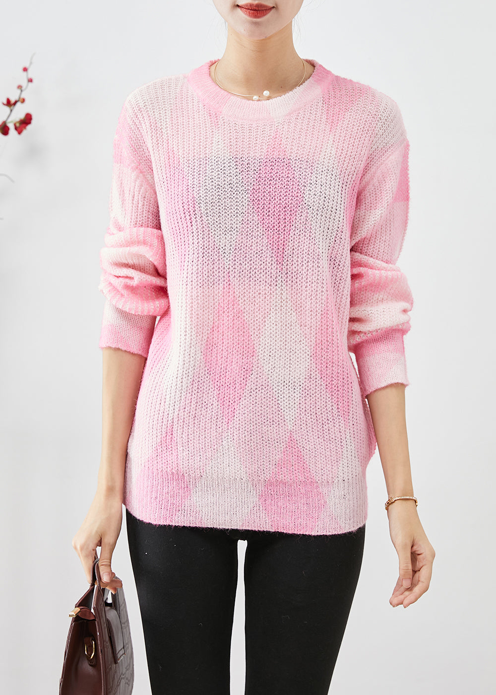 Cute Pink Oversized Plaid Knit Sweaters Fall