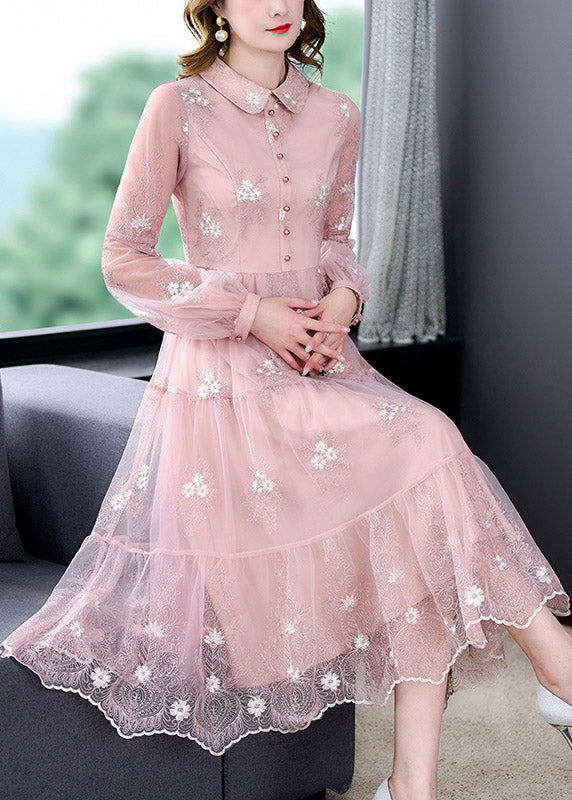 Cute Pink Peter Pan Collar Embroideried Floral Patchwork Button Tulle Maxi Dress Long Sleeve