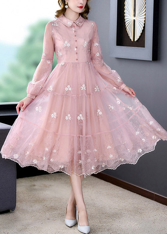 Cute Pink Peter Pan Collar Embroideried Floral Patchwork Button Tulle Maxi Dress Long Sleeve