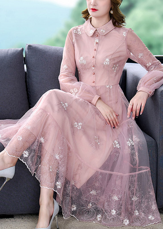 Cute Pink Peter Pan Collar Embroideried Floral Patchwork Button Tulle Maxi Dress Long Sleeve