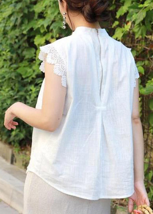 Cute White Stand Collar Ruffled Lace Patchwork Cotton Skirt Summer