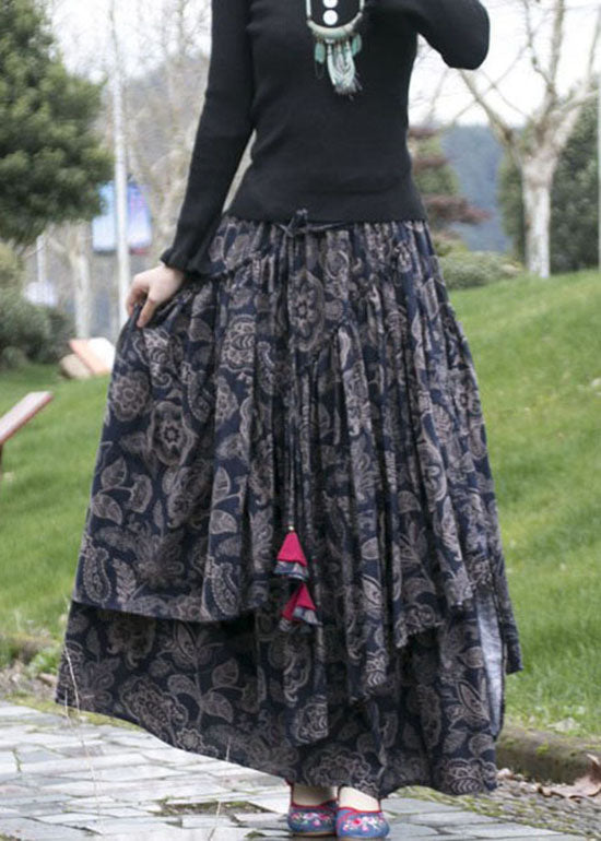 DIY Blue Wrinkled Asymmetrical Print Patchwork Cotton Skirts Fall