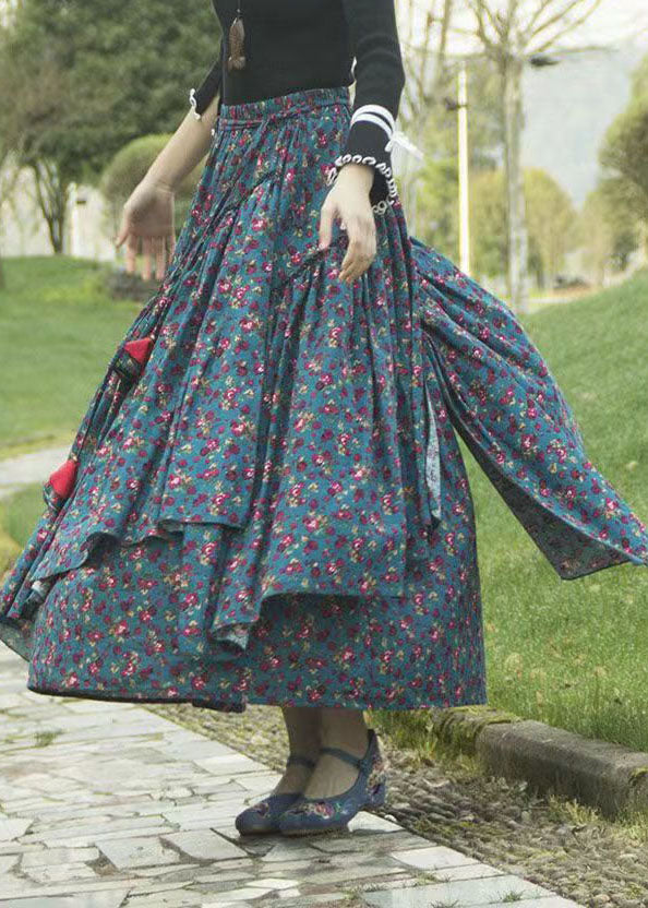 DIY Grey Green Asymmetrical Floral Print Tie Waist Long Skirt Fall