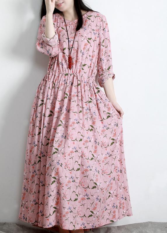 DIY Pink Print V Neck Long sleeve Party Summer Cotton Dress - Omychic