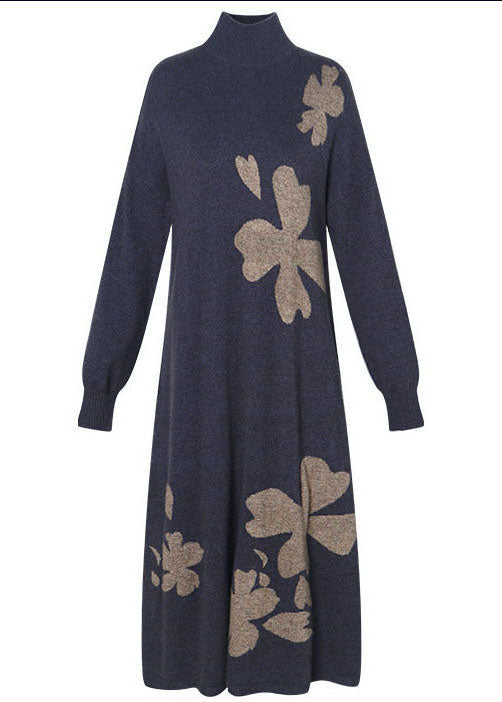 DIY Purple Stand Collar Embroideried Knit Cashmere Sweater Dress Long Sleeve