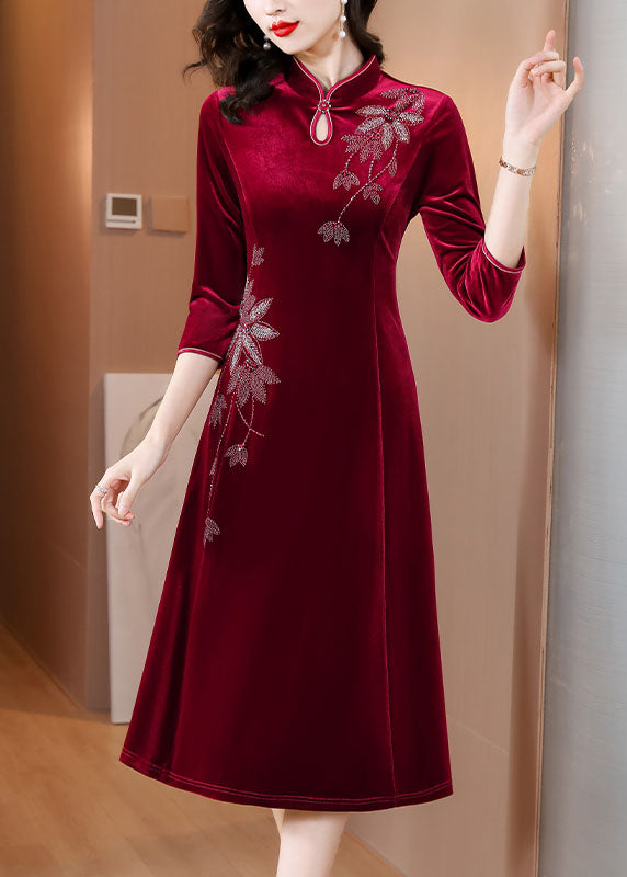 DIY Wine Red Embroideried Slim Silk Velour Long Dress Fall