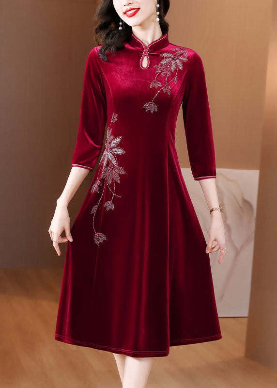 DIY Wine Red Embroideried Slim Silk Velour Long Dress Fall