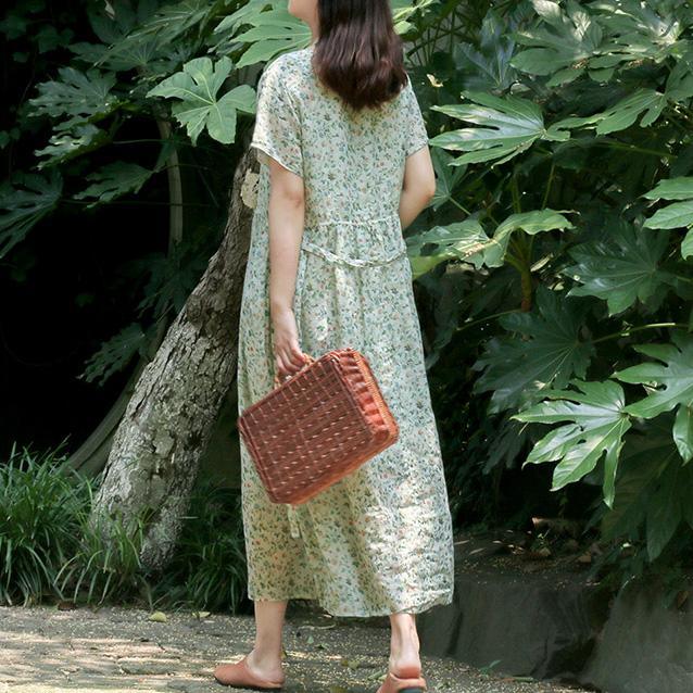 DIY light green print linen clothes top quality Online Shopping o neck pockets Maxi Summer Dress - Omychic