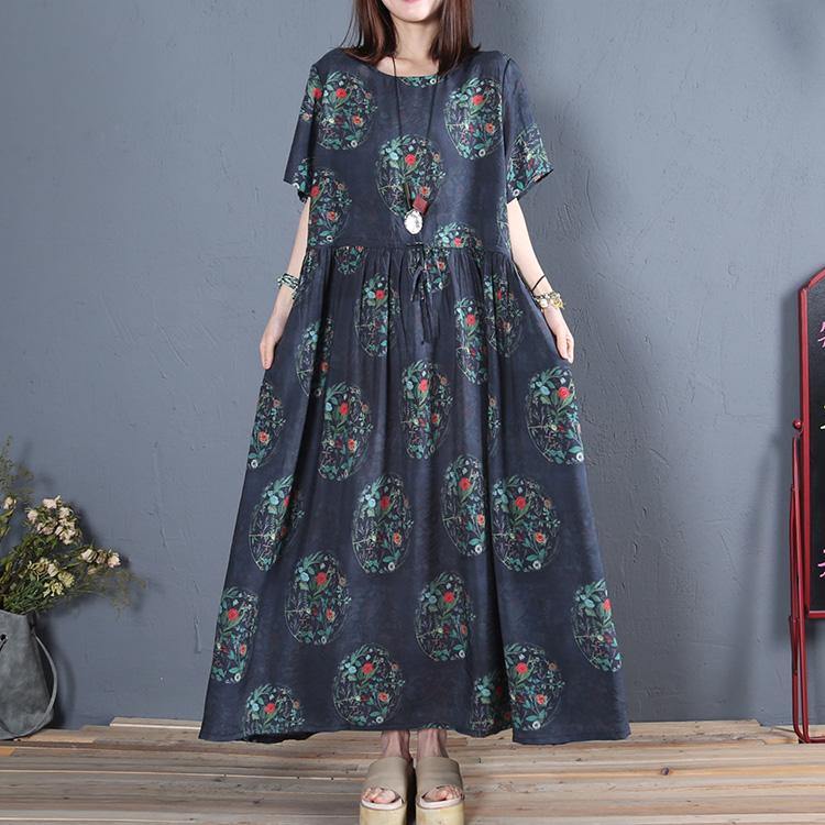 DIY navy print cotton Tunics o neck wrinkled A Line summer Dress - Omychic