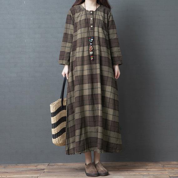 DIY o neck linen dresses Omychic Cotton khaki plaid cotton Dress spring - Omychic