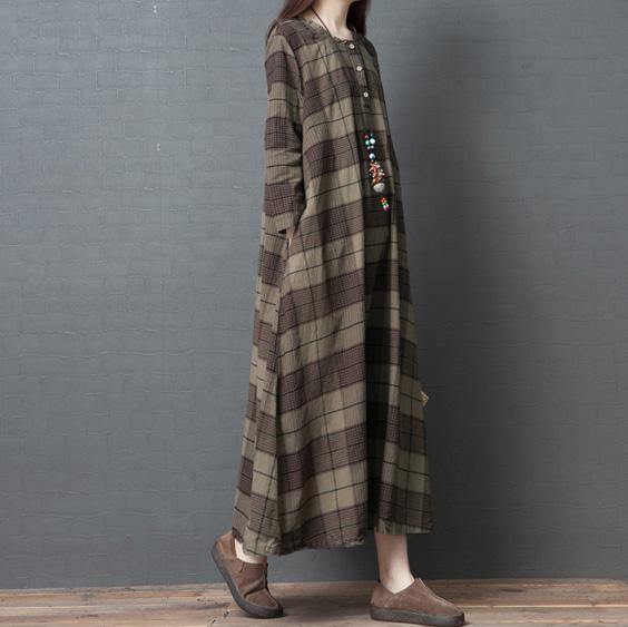 DIY o neck linen dresses Omychic Cotton khaki plaid cotton Dress spring - Omychic