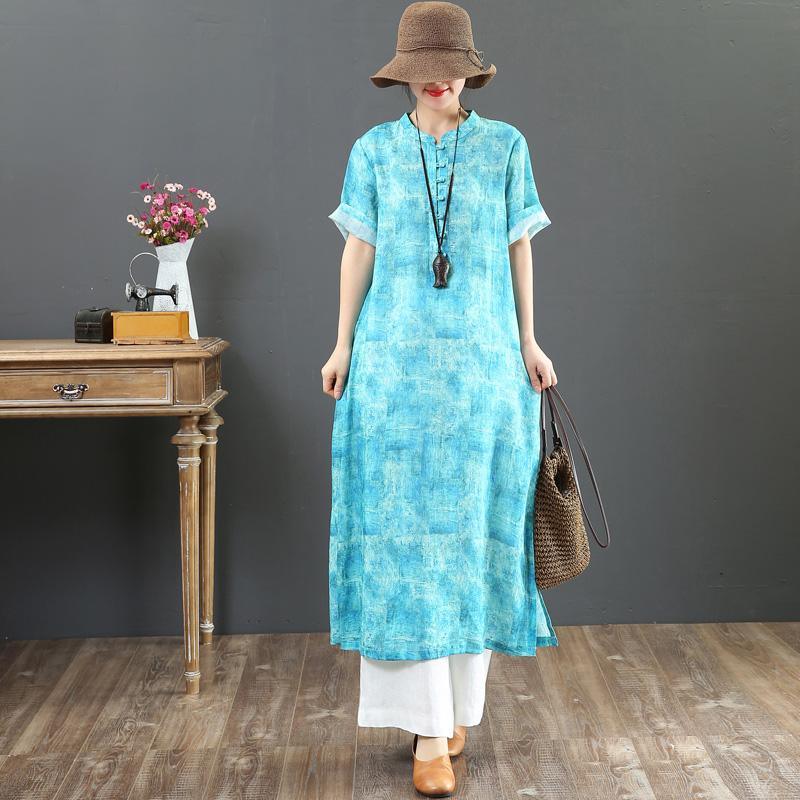 DIY stand collar Button Down linen clothes Women Online Shopping blue print Summer Dress - Omychic