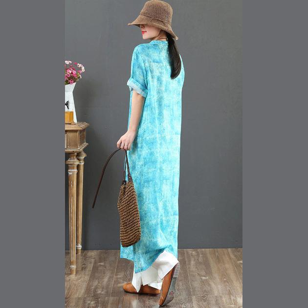 DIY stand collar Button Down linen clothes Women Online Shopping blue print Summer Dress - Omychic