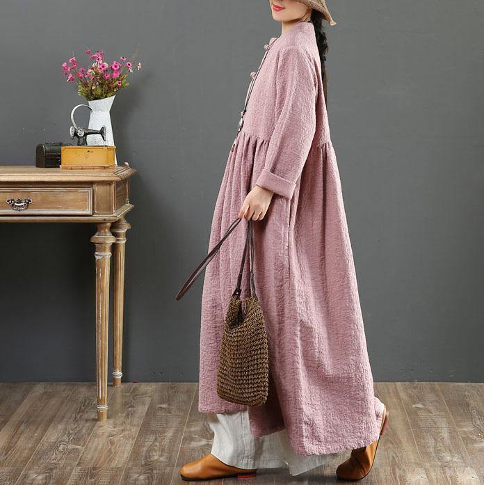 DIY stand collar linen Wardrobes pattern pink long sleeve Dresses fall - Omychic