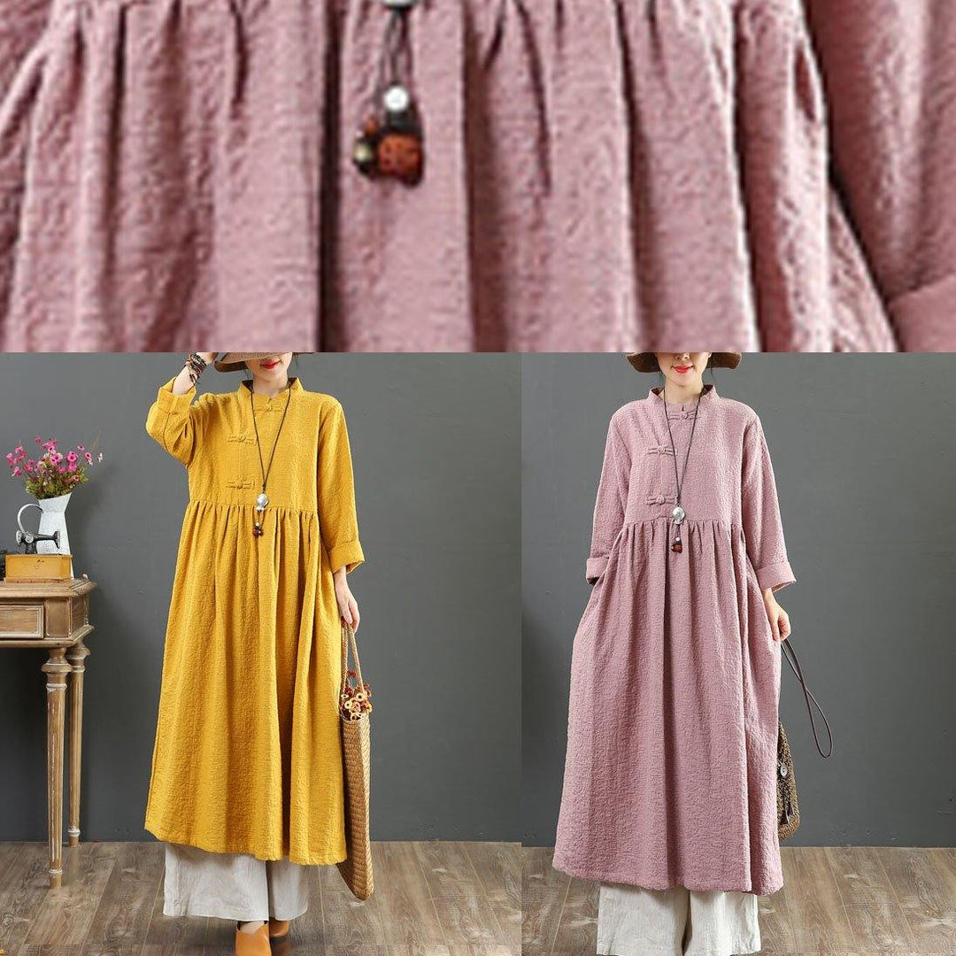 DIY stand collar linen Wardrobes pattern pink long sleeve Dresses fall - Omychic